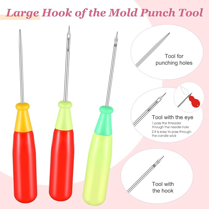 Zeyune 20 Pcs Candle Wick Needle for Silicone Molds, Mold Punch Needle with Hook & Eye, Candle Inserting Tool, Wick Holders, Thread, Stickers and Tabs