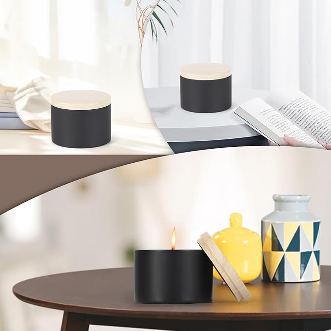 SONVIIBOX 24 PCS 8oz Candle Tins, Black tins with Wood-Grain Metal lids,Candle Jars for Making Candles Bulk,8oz Candle Jars,Tin Jars for Candle Making