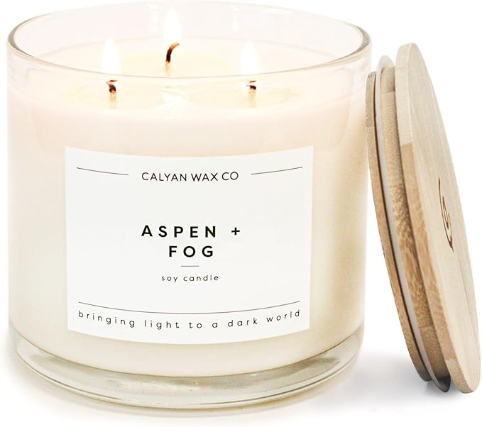 Calyan Wax Co. Aspen & Fog 3 Wick Scented Candle - 43 Hour Burn - Luxury 3 Wick Soy Candles - Non Toxic Soy Wax Candles - Long Lasting Large Glass Jar Candle for Home - 14.9oz