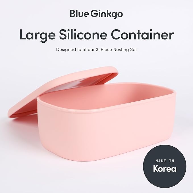 BLUE GINKGO Nesting Silicone Containers - Large Silicone Food Storage Container | BPA Free, Airtight, Dishwasher and Freezer Safe (47.5 oz) - Pink
