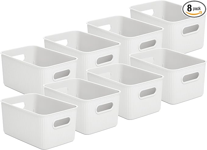 Superio Decorative Plastic Basket Open Home Storage Bins Organizer Baskets, Medium, White (8 Pack) Container Boxes for Organizing Closet Storage Bins for Shelves Drawer Shelf, 5 Liter
