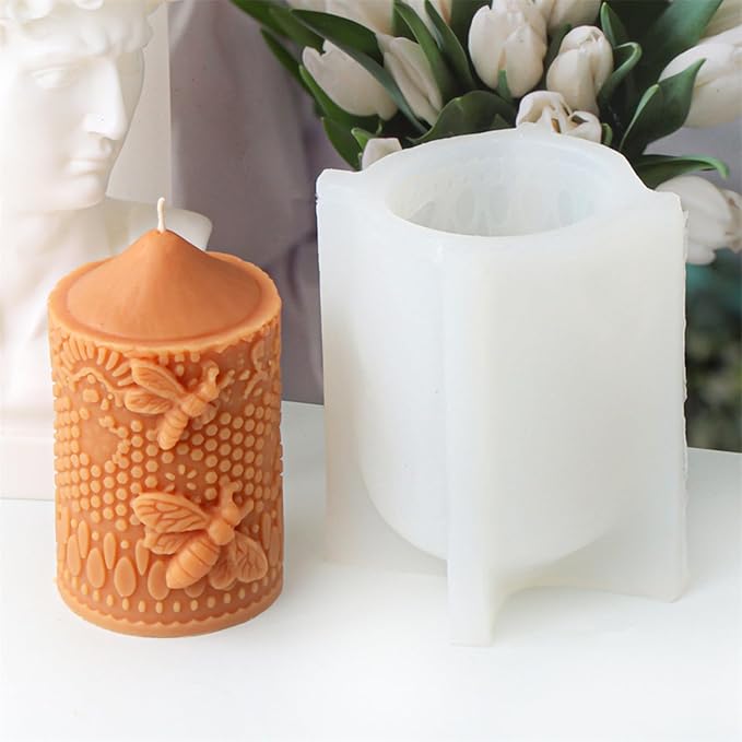 Bee Lace Trim Cylinder Candle Mold, Honeybee Beehive Pillar Silicone Mold for Beeswax Candle, Soy Wax Candle, Plaster Ornament, DIY Crafts (F)