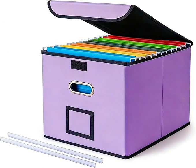 CADONO File Organizer Box with Lid, Large Hanging File Folder Organizer with Plastic Slide, Collapsible Portable Filing Storage Boxes for Office/Decor/Home (Light Purple, 14.9 x 12.59 x 10.8 inch)