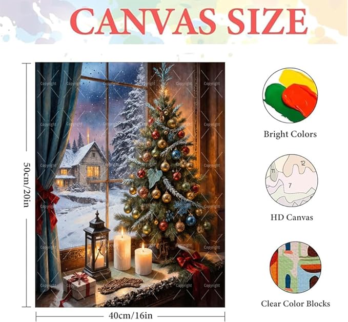 Christmas Paint By Numbers Kit For Adults - Diy Decorated Tree With Candles By Winter Window Painting On Canvas 16X20 Inches, Acrylic Paint Set, Suitable For Beginners, Festive Wall Decor, Unframed