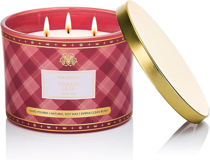 M&SENSE Plaid Pattern 3 Wick Soy Candles,11.64 oz Large Tomato Leaf Scent Candle for Relaxation, Gifting, Home Décor | for Bedroom, Office, Party