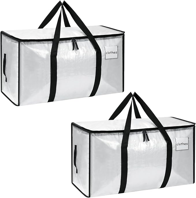 2-Pack Extra-Large Heavy-Duty Storage Totes with Reinforced Handles, Durable Zippers & Waterproof Material — Perfect for Space-Saving, Moving, Shipping and Travel (Clear)