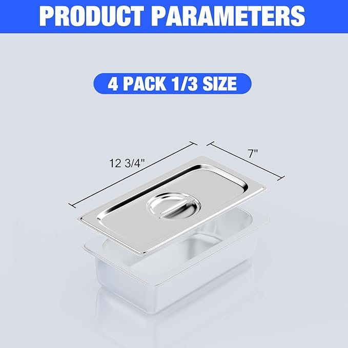 4 Pack 1/3 Size Steam Table Pan Covers Hotel Pans Lids with Handles Catering Food Pan Cover Stainless Steel Commercial Food Pan Lids for Steam Food Pans, Buffet Pan, Roasting Pan