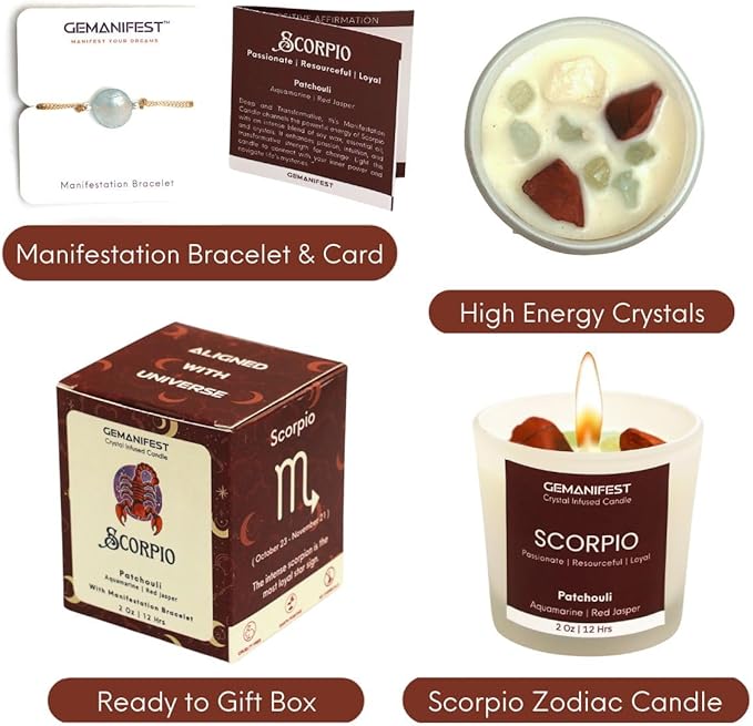 Scorpio Zodiac Candle Scorpio Birthday Gifts for Men Women Patchouli Crystal Candle with Healing Crystals and Manifestation Bracelet Soy Candles for Home Scented