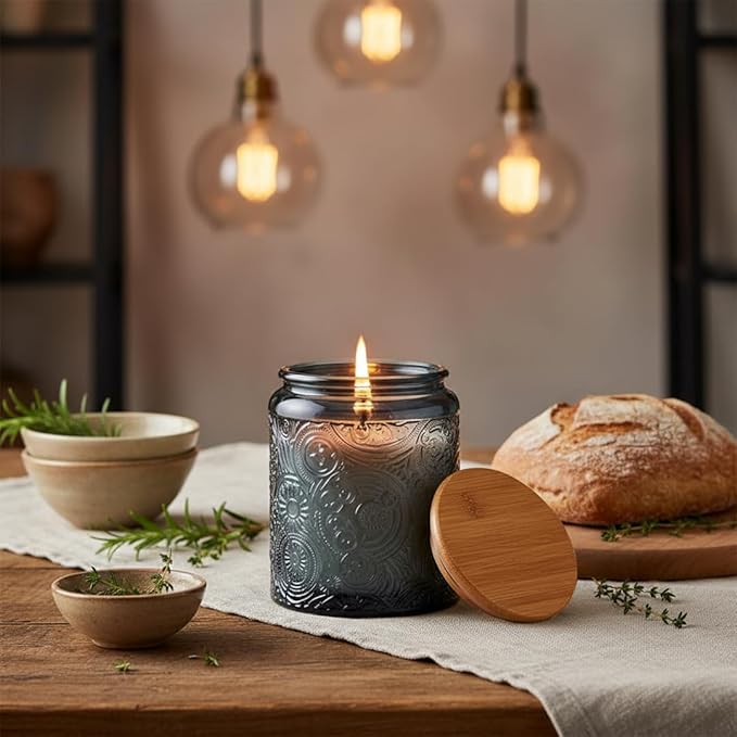 9-Pack 8oz Embossed Glass Candle Container with Bamboo Lids and Labels, Gray Candle Jars for Making Candles, Sun Moon Star Design
