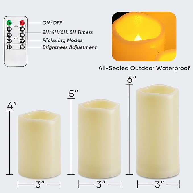 Homemory 9 Pack Flameless Candles, Outdoor Waterproof, Battery Operated LED Pillar Candles with Remote Control and Timer, Plastic, Long Lasting