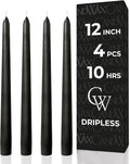 CANDWAX 12 inch Taper Coal Black Candles — Slow Burning Unscented Smokeless Dripless Tapered Candle Set of 4 — Perfect for Gothic Parties and Halloween Gatherings (Packaging May Vary)