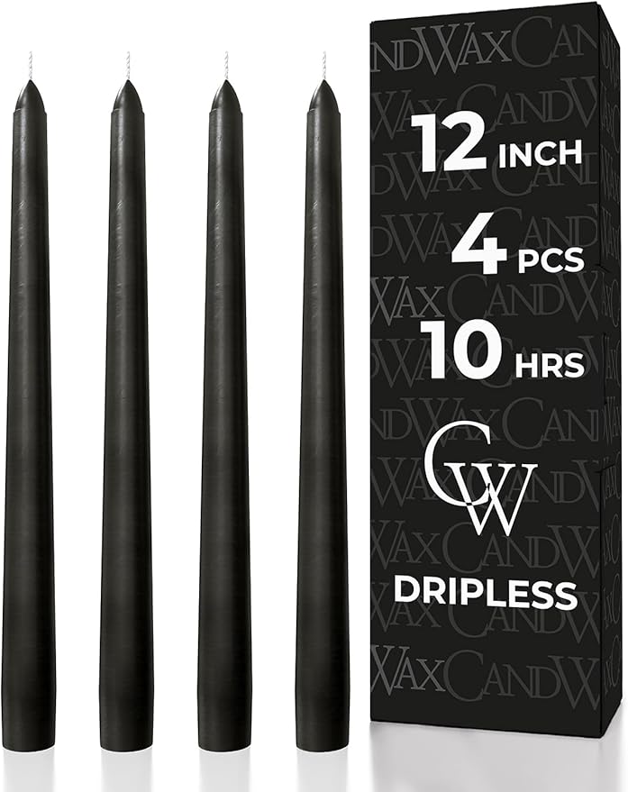 CANDWAX 12 inch Taper Coal Black Candles — Slow Burning Unscented Smokeless Dripless Tapered Candle Set of 4 — Perfect for Gothic Parties and Halloween Gatherings (Packaging May Vary)