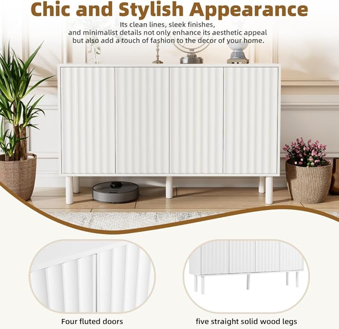 Minimalist Shoe Storage Cabinet with 5 Solid Wood Legs Cream Style Fluted Doors 4-Door Storage Organizer Adjustable Shelves for Living Room