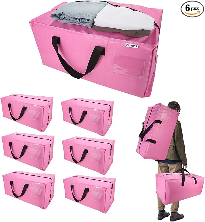 6-Pack Moving Bags,Heavy Duty Large Storage Bags with Zippers & Backpack Straps,Space Saver Bags are Packing Supplies for Moving & Travel,Alternative to Moving Boxes(Pink)