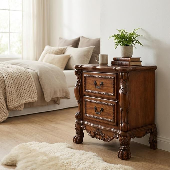 Furnifact Red Dresden Cherry Oak Nightstand, Poplar Wood, MDF, Poly-Resin, Transitional Vintage Design, Spacious Storage, Durable Build for Bedroom Decor