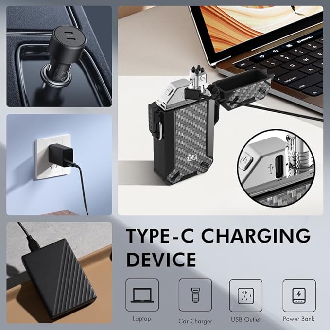 Dual Arc USB Rechargeable Electric Camp Lighter with Retractable Flexible Long Neck Waterproof Windproof Lighter for Outdoor, Grill and Candle (Carbon)