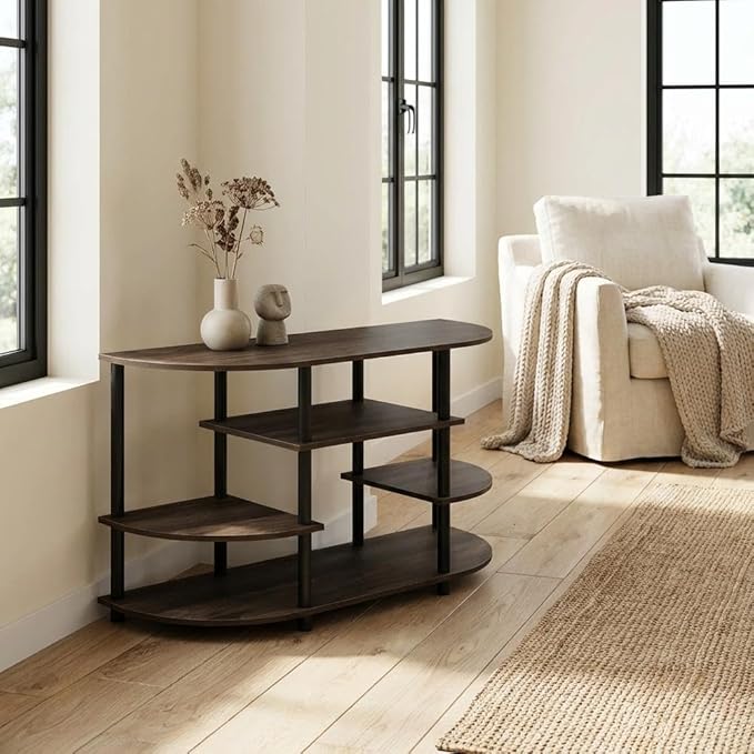Furnifact Walnut/Black TV Stand, Modern Design, Easy Assembly, Durable Composite Wood and Plastic, for Living Room, Entertainment Center