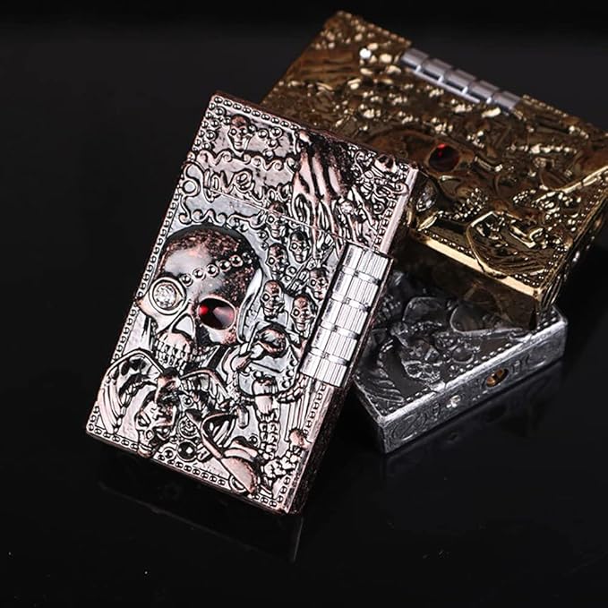 Carving Skull Antique Lighter, Vintage Cool Metal Lighters Refillable, Novelty Lighters for Men for Candles Ideas (No Butane Fuel). (Red Copper)