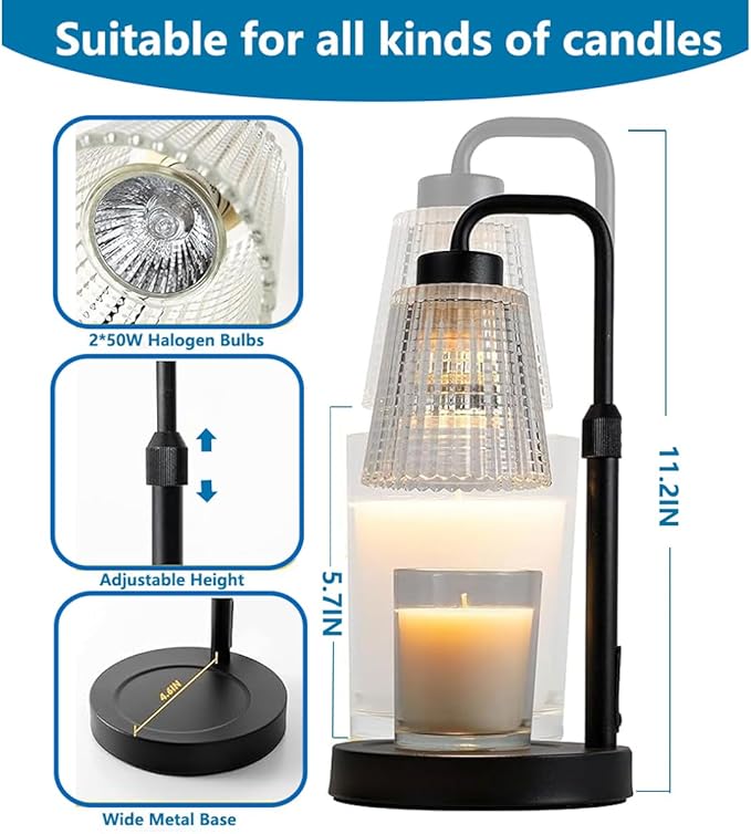 Flameless Candle Warmer with Remote Control, Adjustable Height, Timer, Dimmable, Wax Melts Warmer for Jar Candles, 2 Bulbs