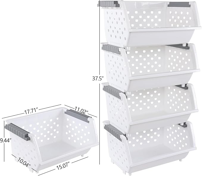 Set of 4 Plastic Stackable Storage Baskets, Stackable Organizer Bins for Kitchen, Pantry and Bathroom, White