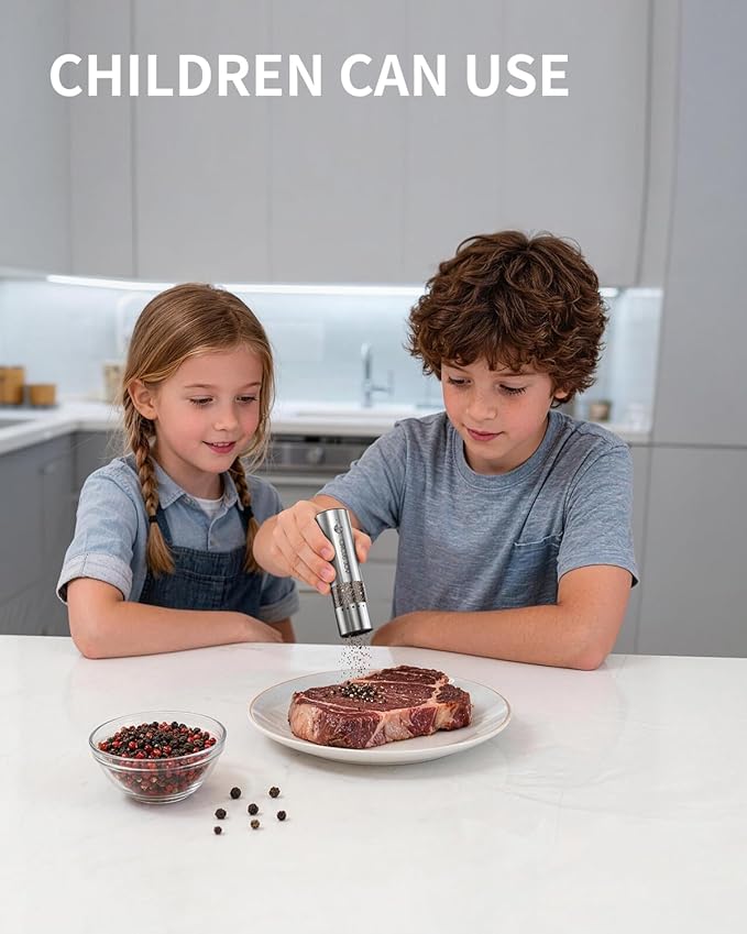 CIRCLE JOY Mini Rechargeable Salt and Pepper Grinder Set with Wooden Base, Dust Cover and External Adjustment, Stainless Steel Electric Pepper Mill Grinders for Kitchen, Outdoors and Travel, Silver