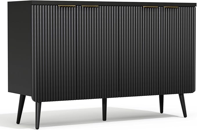 47.2" Sideboard Buffet Cabinet with Storage, Modern Fluted Accent Credenza with 4 Doors, Buffet Media Console Entryway Cabinets with Adjustable Shelves for Living Dining Room Hallway, Black