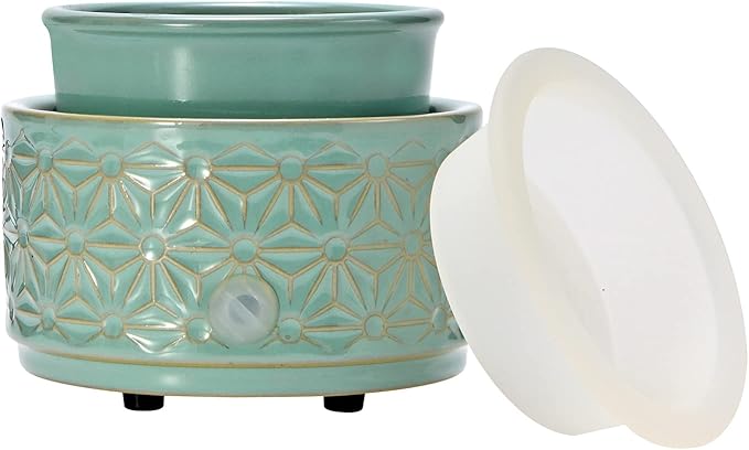 ASAWASA Wax Melt Warmer with 1 pc Silicone Dish,3-in-1 Ceramic Wax Melter Burner for Kitchen Home Spa Yoga Gift (Cyan Hexagon Pattern)