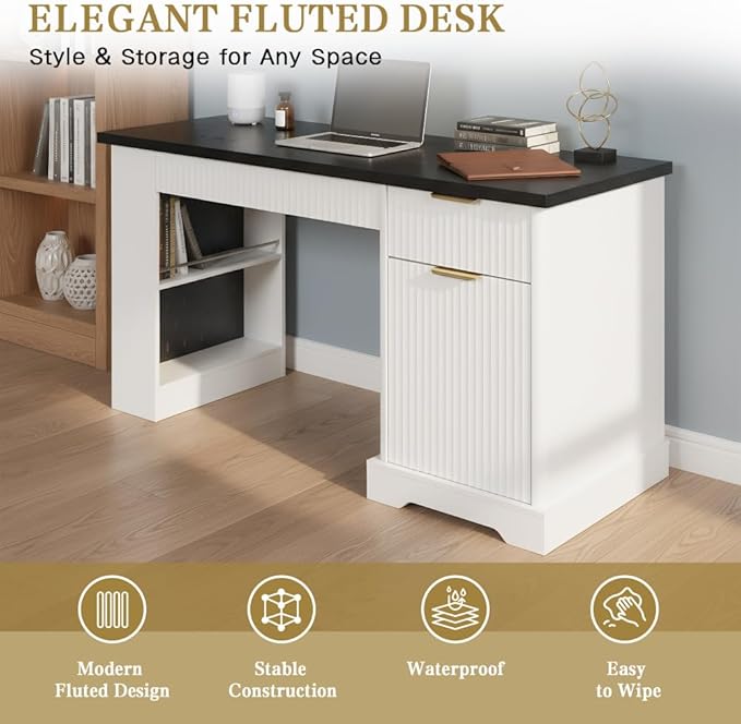 Modern Fluted Office Desk with Storage Cabinet Drawers Power Outlet Pegboard Built-in Shelves Keyboard Tray for Home Office Study Living Room (White)