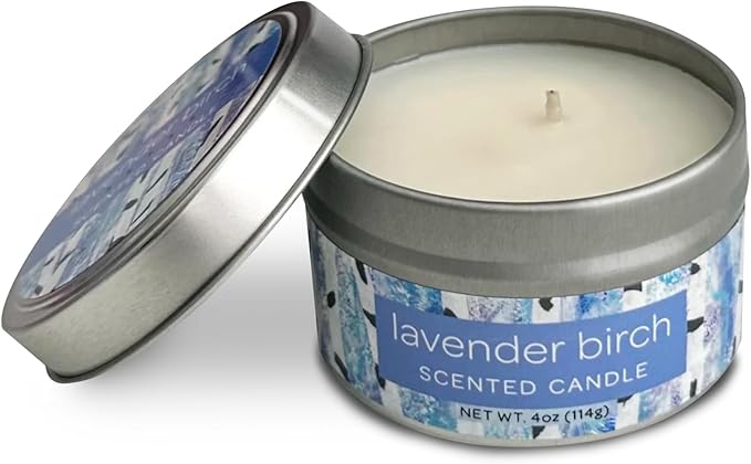 Greenwich Bay Hand-Poured Scented Candle in Decorative Tin – 4 oz/114 g Travel Candle with Lead-Free Wick, Vegetable Wax, Long-Burning Aromatherapy Gift, Single Wick – Made in USA (Lavender Birch)
