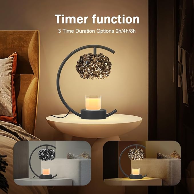 Yeuslor Candle Warmer Lamp for Jar Candles with Adjustable Brightness＆Timer，Handcrafted Crystal Candle Lamp Luxurious Design+2Bulbs,Home Decoration Electric Candle Lamp(Black C-Shaped)