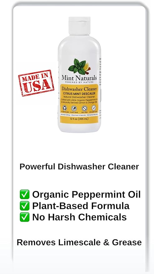 Natural Dishwasher Cleaner & Degreaser Liquid – USDA Organic Peppermint Oil Formula That Helps Remove Limescale, Grease & Odor, 12 oz – Made in USA by Mint Naturals