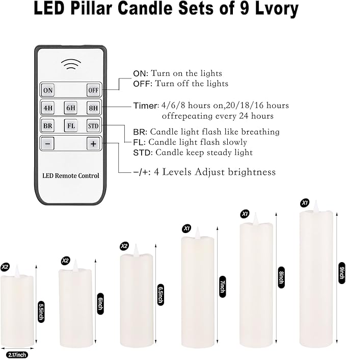 Rechargeable Flameless Candles with Remote and Timer, 9-Pack Flickering LED USBC Pillar Candles Coated with Real Wax for Halloween, Christmas, Home, Wedding & Holiday Decor (Six Sizes, White)