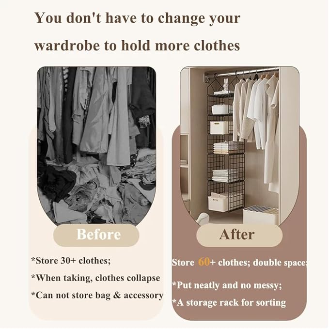 Hanging Closet Organizer, Carbon Steel 6-Shelf Closet Hanging Storage, Collapsible Hanging Closet Shelves, Versatile Storage for Clothes, Handbags (Black)