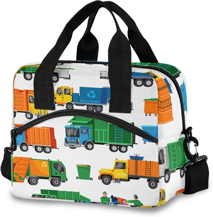 CBBYY Garbage Truck Lunch Bags for Women Men, Reusable Insulated Lunch Box, Adjustable Shoulder Straps Tote Lunch Bag for Work Picnic School