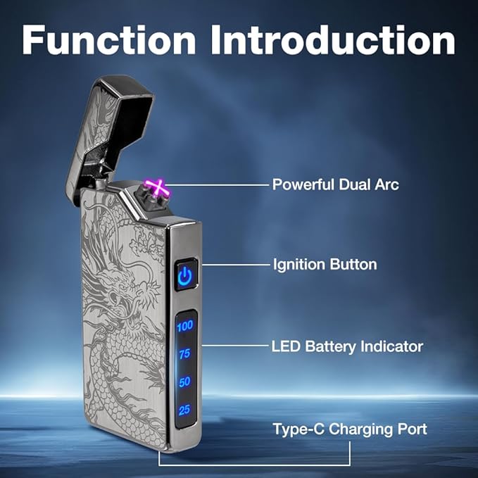 LcFun Electric Lighter - USB Rechargeable, Dual Arc Plasma Lighter, Windproof Flameless Lighters, Electronic Lighters with LED Battery Indication Gifts for Men Boyfriend Husband (Dragon Black)