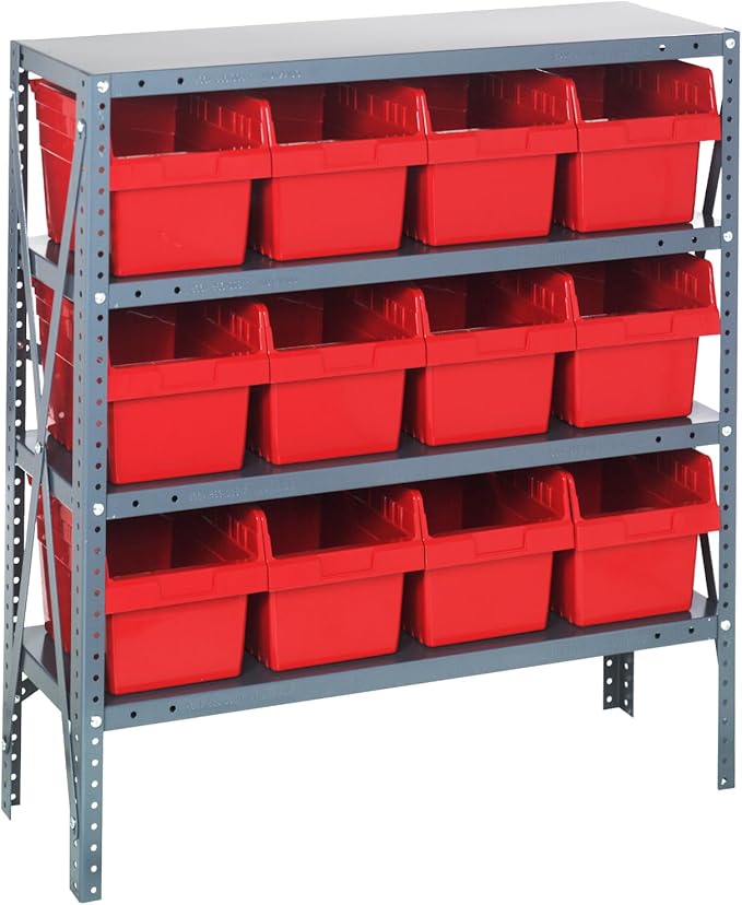 Quantum Storage Systems 1239-SB807RD Shelving Unit, 12" D x 36" L x 39" H, Carbon Steel, Galvanized with Red Bins