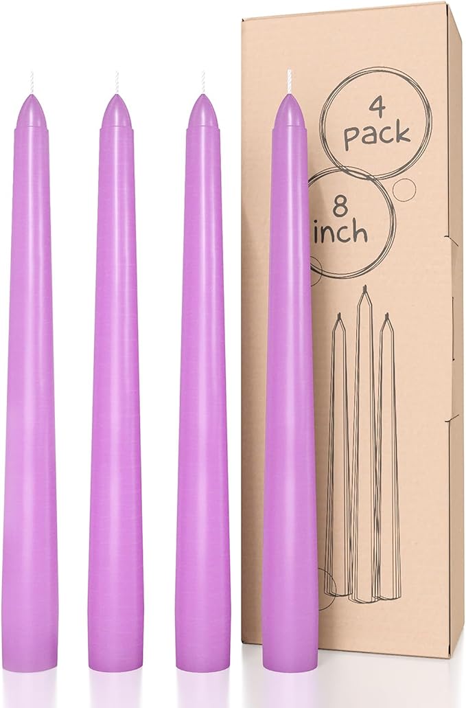 CANDWAX Lilac 8 inch Taper Candles Pack of 4 - Unscented Smokeless Dripless Tall Candlesticks - Perfect for Special Occasions, Ordinary Dinners, Holidays and as Easter Candles - Lavender Candle Sticks