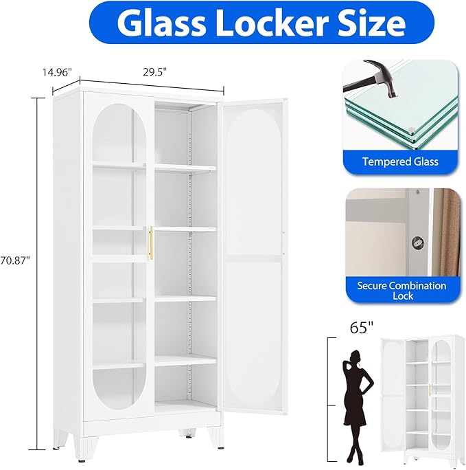 Ckzbx Metal Locker Storage Cabinet with Glass Door 71" H Locking Tool File Cabinets Snack Locker Organizer for School Classroom,Bedroom,Gym Home Office,Entryway and Hallway (White)