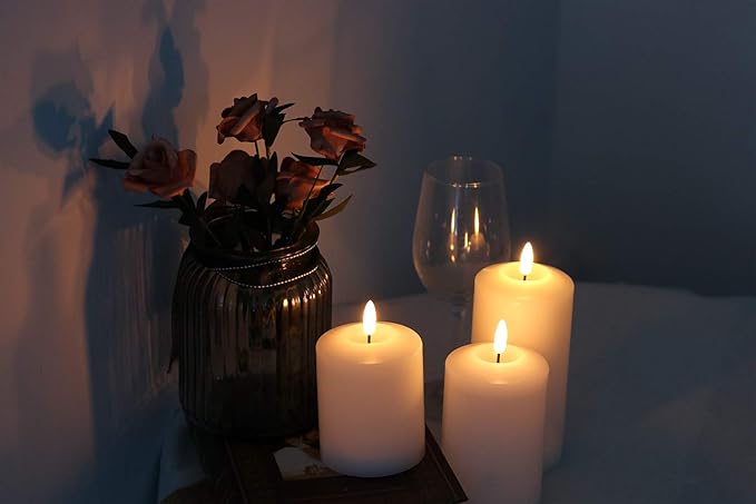 GenSwin 3D Wick Flameless Flickering Candles Battery Operated with Remote Timer, Real Wax Pillar LED Votive Candles Warm Light, Set of 3 Party/Wedding/Home Decor(White, D3” x H4.6” 5.8” 6.8”)