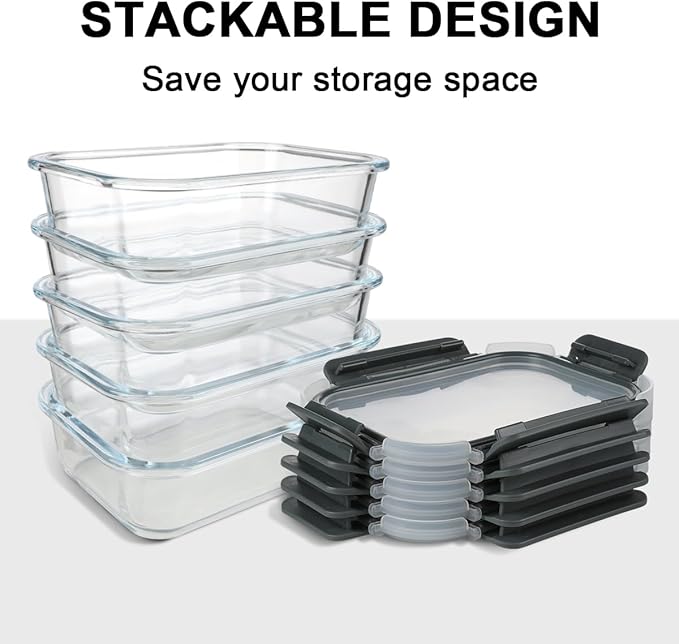 KAMOTA Glass Food Storage Containers, 10 Pack Glass Meal Prep Containers, Airtight Containers with Snap-Lock Lids, 22 oz Grey Container Set with Lids, for Microwave/Oven/Freezer/Dishwasher