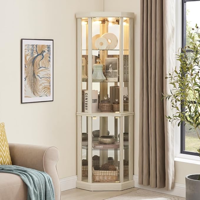 Corner Lighted Glass Curio Cabinet for Living Room Space Saving Vertical Tall Display Case with Light for Antique Wine Bar Glass Storage (Antique White)
