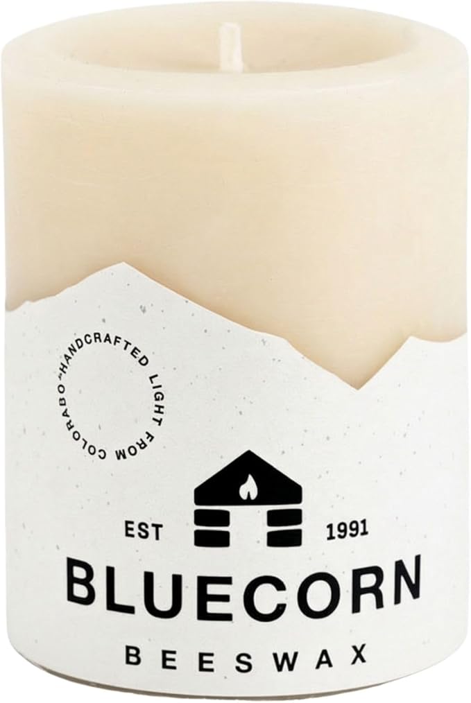 Bluecorn Beeswax Pillar Candle, 100% Pure Natural Bees Wax, Ivory White 3x4 Candle, Clean Burning & Dripless, Long Lasting (60 Hrs), Paraffin, Soy & Fragrance Free, Home Decor, American Made, 1 Count