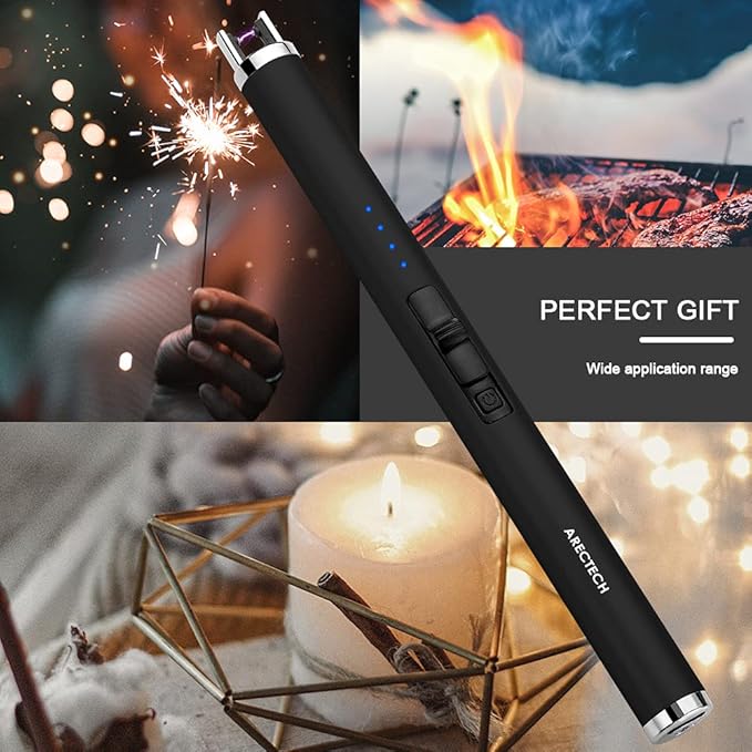 ARECTECH Rechargeable Electric Candle Lighter, Christmas Stocking Stuffers Gifts for Mom Men Wife, Arc Plasma Windproof Lighter for Candle Kitchen Birthday with Type-C Cable,Black