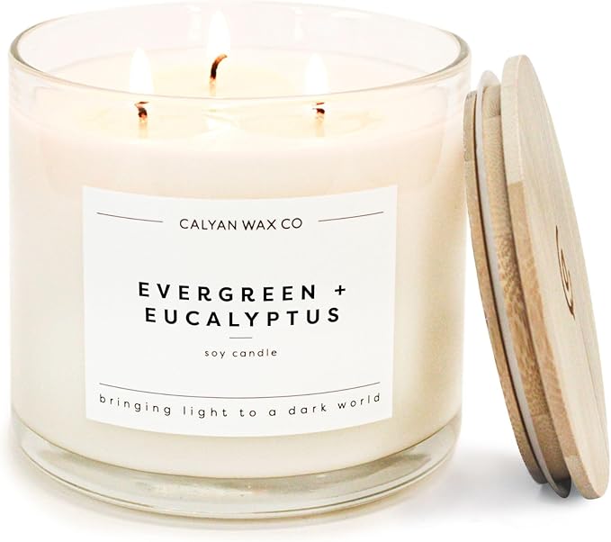 Calyan Wax Co. Evergreen & Eucalyptus 3 Wick Scented Candle - 43 Hour Burn - Luxury 3 Wick Soy Candles - Non Toxic Soy Wax Candles - Long Lasting Large Glass Jar Candle for Home - 14.9oz