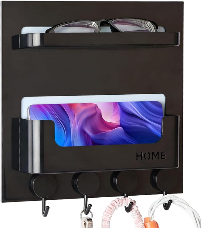 Updated Bedside Shelf Wall Mount Phone Holder Organizer Stick On Adhesive Damage Free Hanging Strips 4 Hooks Teenager Dorm Room Essentials Decoration Gasses Remotes Keys Snacks (Black)