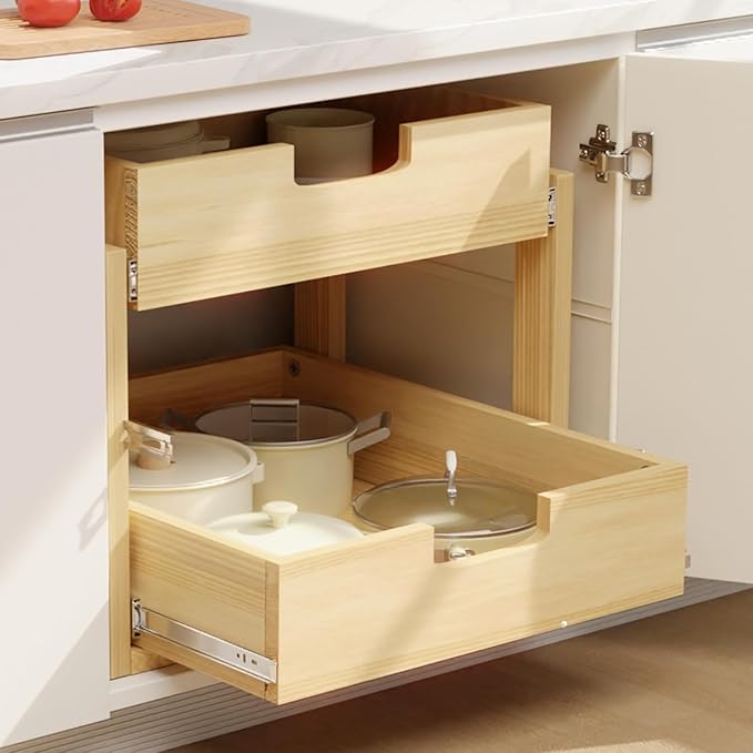 Pull Out Cabinet Organizer, 20''W×21''D Sliding Drawers for Cabinets, 2 Tier Soft Close Slide Out Wooden Pull out Drawers, Base Cabinet Organization for Kitchen, Pantry
