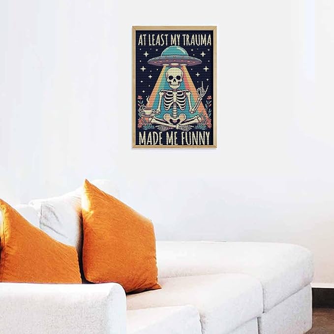 KIVJMSIDJA Skull Skeleton “At Least My Trauma Made Me Funny” Diamond Painting Kits for Adults,Diamond Art Kits for Beginners 5D Round Diamond 8"x12"