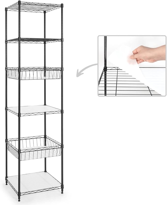 CAPHAUS NSF Adjustable 6 Tier Wire Shelving Unit w/Basket & Liner, Metal Storage Rack Corner Shelves, Storage Rack for Kitchen, Bathroom, Laundry Closet, Metal Wire Shelving w/Basket Shelves Black