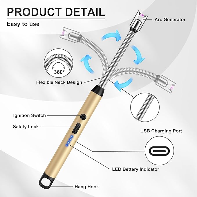 LcFun Candle Lighter with 360° Flexible Neck & Safety Lock, Windproof USB Rechargeable Electric Lighter Gift Sets, Flameless Arc Long Lighters Matches for Grill, BBQ, Camping, Fireplace, Stove