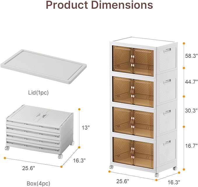 UAMFURI Stackable Storage Bins with Lids, 480QT Closet Organizers, Lockable Storage Cabinet，Foldable Storage Box with Doors and Wheels, Plastic Drawers for Home, Garage, Office (4, White, Large)